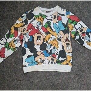 Disney Sweatshirt Kids Medium White AOP Y2K Mickey Mouse Minnie Goofy Donald